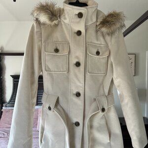 Liz Claiborne Women size SMALL Coat Removable Faux Fur Trim Hood Belt & Buttons